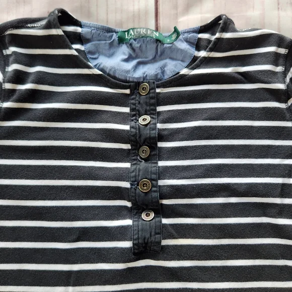 Lauren Ralph Lauren 3/4 Sleeve Henley Shirt Black White Stripe | Women's Size L - Picture 2 of 8